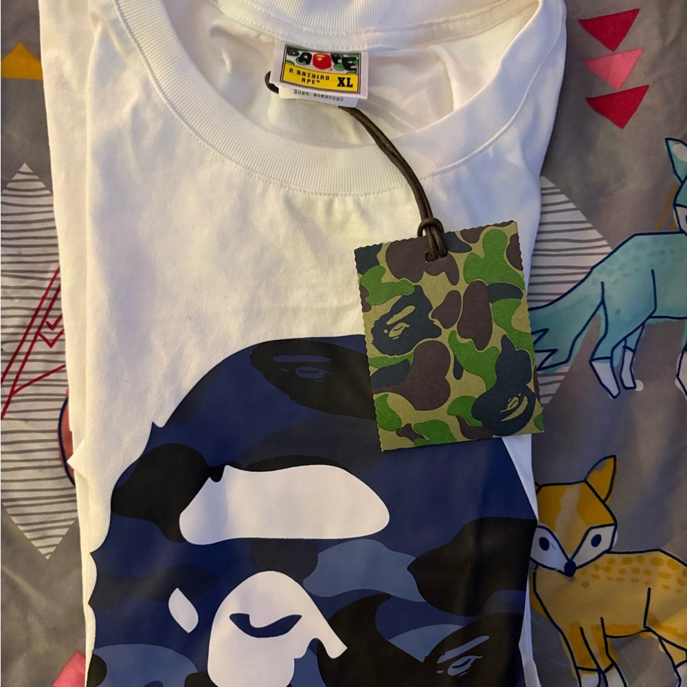 Blue and White Short Sleeve Tee with Camouflage Design